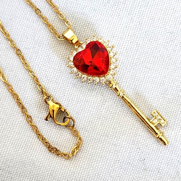 Gold Chain Necklace with Red CZ Heart Key Pendant - Picture 5 of 8
